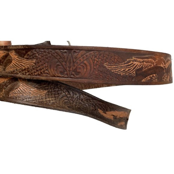 Men's Brown Tooled Leather Western Eagle Belt Size 38 (KM627) - Picture 2 of 4